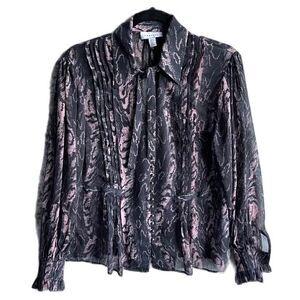 Topshop Long Sleeves Sheer Top Size 2 Pintuck Black Rose Pink Keyhole Tie